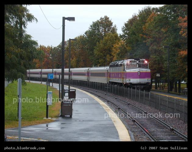 Brandeis Roberts - An inbound train (Fitchburg Line) leaving the Brandeis/Roberts MBTA commuter rail station, Waltham MA