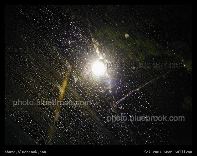 Rings of Raindrops - A camera flash illuminates raindrops on a car