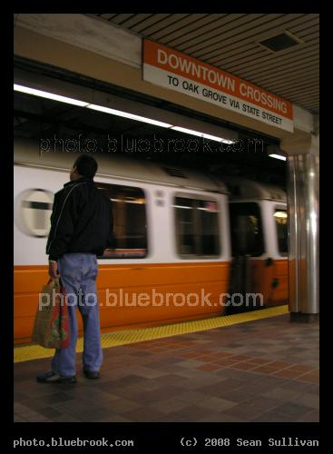 Downtown Crossing - An MBTA Orange Line subway train arrives at Downtown Crossing station, Boston MA