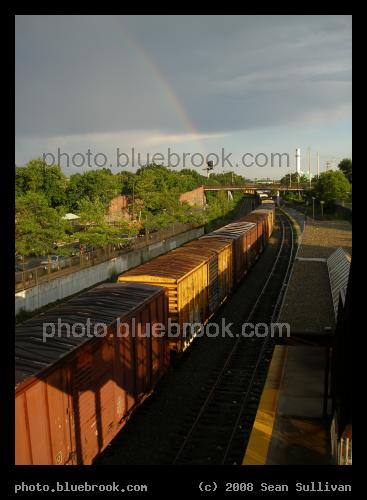 Lowell Rainbow - A rainbow over a freight train and MBTA train station, Lowell MA