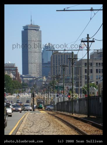 Prudential and Commonwealth - The Prudential Center forms a backdrop for Commonwealth Avenue and the MBTA Green Line tracks, Boston MA