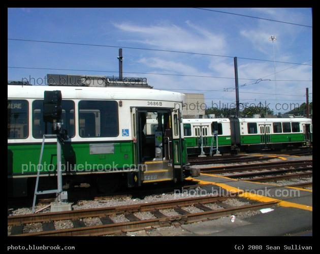 The Starting Line - MBTA Green Line streetcars at the start of the 'D' line, Riverside Yard, Newton MA