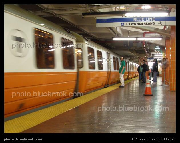 Northbound at State - An MBTA Orange Line subway train arrives at State Street station in downtown Boston