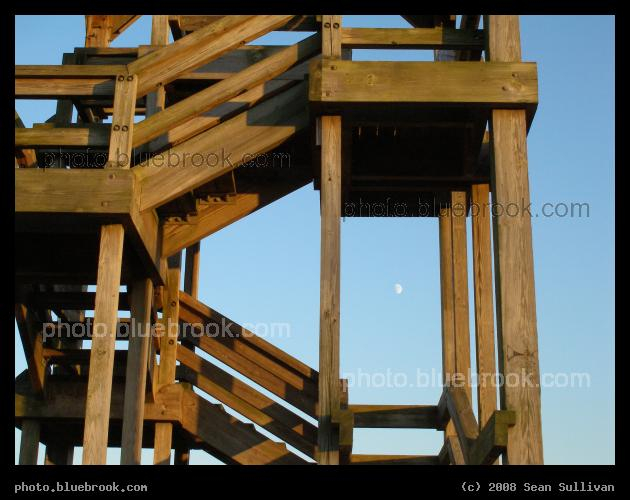 Belle Isle Marsh Tower - The moon shines through the structure of an observation tower at Belle Isle Reservation, Boston MA