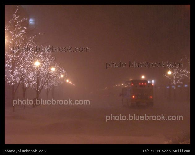Snow at Park Plaza - An MBTA bus during a snowstorm at Park Plaza, Boston MA