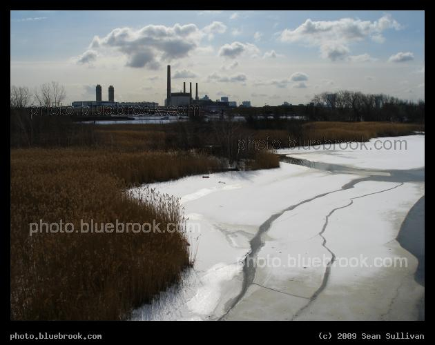 Ice on the Malden River - The eastern bank of the Malden River with a power plant on the horizon, Everett MA