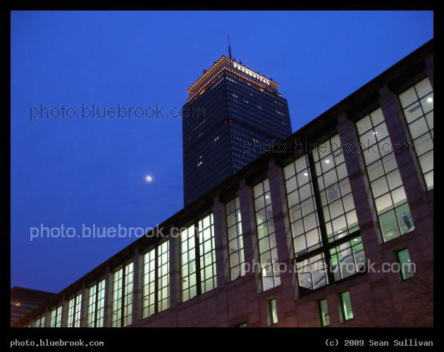 Convention Center at Dusk - The moon over the Hynes Convention Center, alongside the Prudential Tower, Boston MA