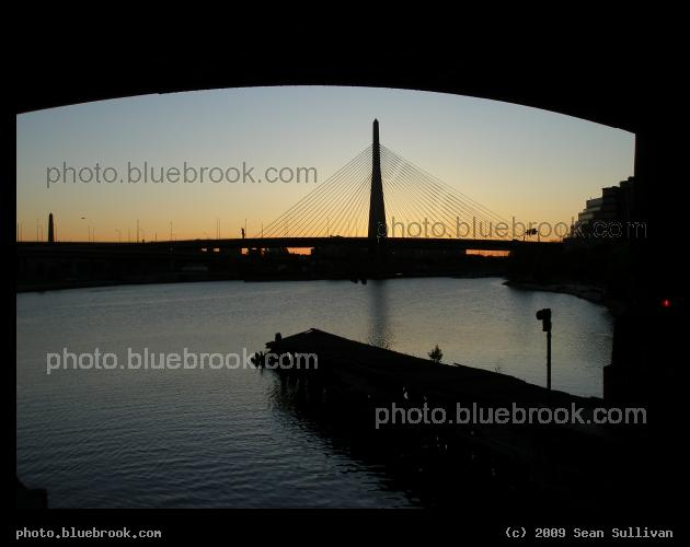 Zakim Bridge at Dawn - The Charles River and Zakim Bridge, as seen from under the Lechmere Viaduct before sunrise.  Boston, MA