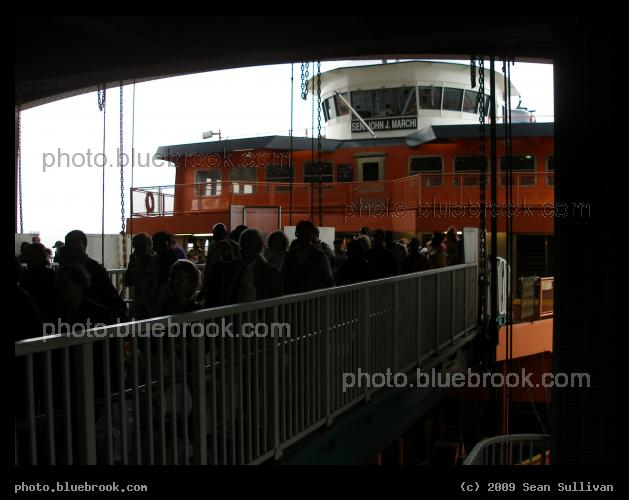 Disembarking at Staten Island - One of the Staten Island Ferry boats, the John J. Marchi, disembarking at the St George ferry terminal on Staten Island.  Photo taken 11 days before the boat <a href=