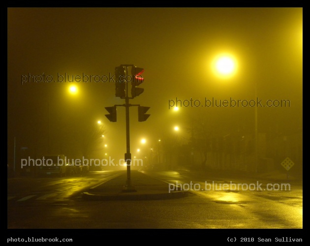 Foggy Night on Winter Hill - Broadway at Main Street, Somerville MA