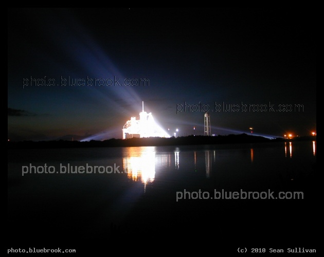 Atlantis at Night - Space shuttle Atlantis illuminated by floodlights at launch pad 39-A, shortly after sunset on the night before launch on flight STS-132.  Photo taken automatically by an unmanned camera positioned for the launch.
