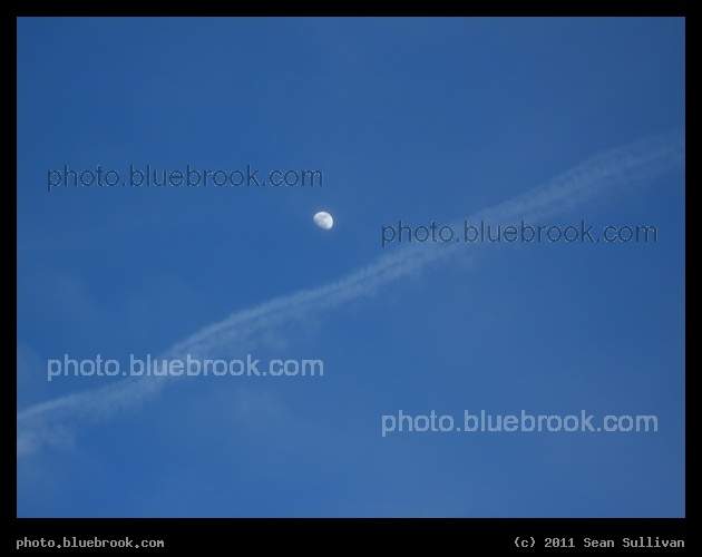 Wavy Contrail - The gibbous moon above a wavy contrail, Newton MA