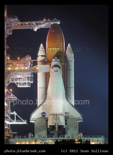 Endeavour - Space shuttle Endeavour on launch pad 39-A on the night before the first launch attempt for flight STS-134, Kennedy Space Center FL