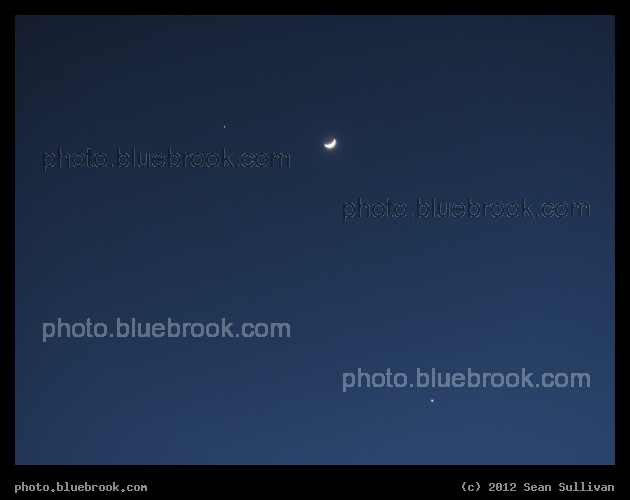 Celestial Triangle - The crescent moon with Jupiter (left) and Venus (below) in the evening sky, Somerville MA