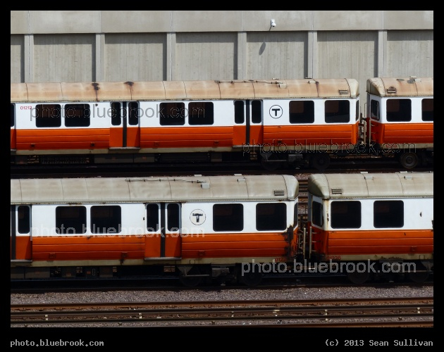 Rows of Trains - Parked MBTA Orange Line subway trains at Wellington Yard, Medford MA