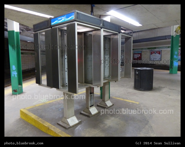 Relics of a Bygone Era - Abandoned payphone booths on the MBTA Green Line subway platform at Government Center station on 3/21/2014, the final evening before the station was closed for reconstruction