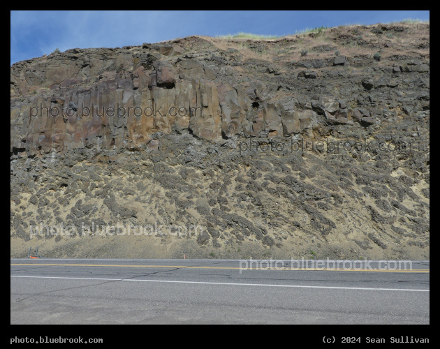 Roadside Basalt Wall - Layers of basalt that flowed into water (columnar above, pillow below) at The Dalles, OR