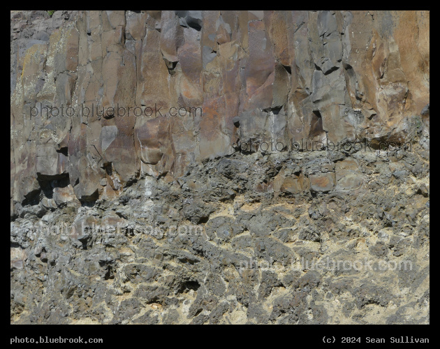 Waterline in Stone - Layers of basalt that flowed into water (columnar above, pillow below) at The Dalles, OR